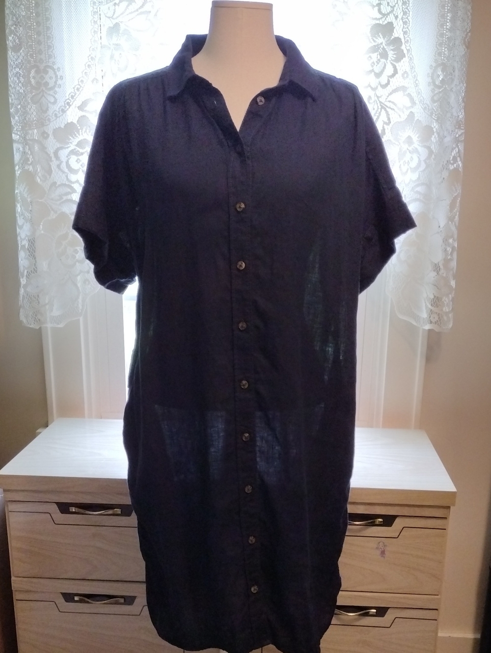J. Crew Navy Short-Sleeve Linen Button-Down Shirt Dress Size M